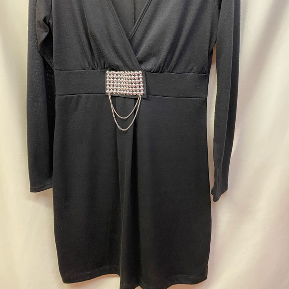 Dots Jet black cocktail dress - shorter with large silver beads & chain  Sz: L - Picture 2 of 8